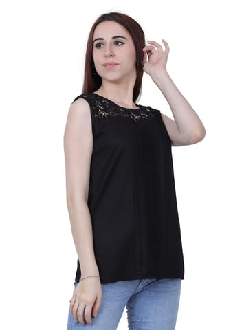 FMC Sleeveless Designer Rayon Top With Lace Work (BLACK, S)
