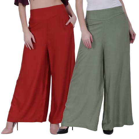 FMC Combo of Rayon Solid Palazzos With Left Pocket And Wide Flare(Red Olive, M)
