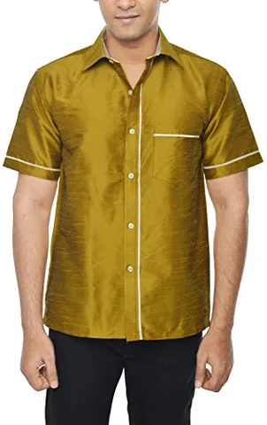 KENRICH Men's Silk Casual Shirt (ppng_gldwhthalf, Gold, 44)