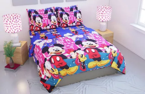 Supreme Home Collective 144 TC Microfiber Double Cartoon Bedsheet  (1 Double Bedsheet, 2 Pillow Covers, Pink, Blue)