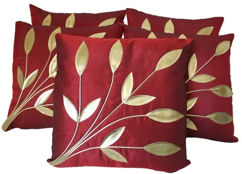 k.s.craft Red N Golden Leaf Design Cushion Covers - Set of 5 (16 x 16 Inches)