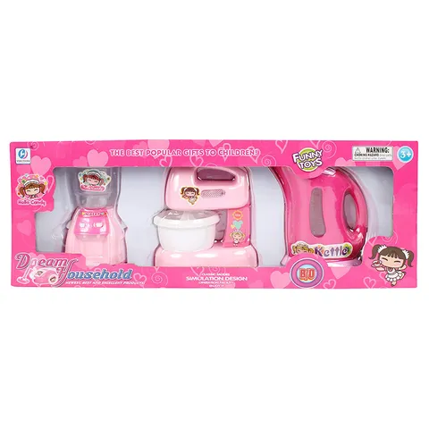 HARDIK TOYZ Household Appliances Toy Set -3 in 1 Kitchen & Home Utility Real Working Appliances Toys with Light & Sound for Girls, Pink
