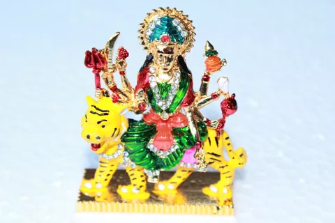 UNIQUE - METAL & Stones Hindu Goddess Durga Devi SIZE - 5CM X 6 CM - Handicraft Statue Sherawali Mata Rani / Maa Kali Decorative Spiritual Puja Vastu Showpiece Figurine