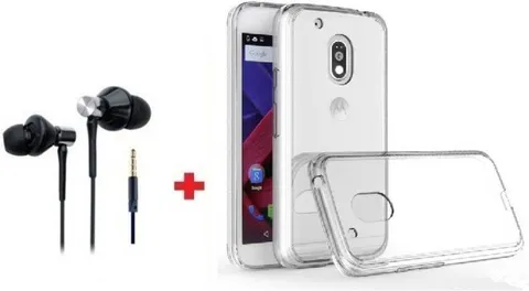Foncase Headset Accessory Combo for MOTO-G4 Bass Earphones With Transparent Back Case Cover Combo (Black (Headset), Transparent (Back Case Cover))