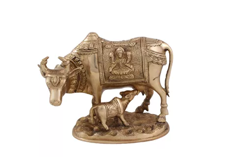 Cow N Calf Idol Cow and Calf Statue Sculpture Hand Work Showpiece – 16 cm (Brass, Gold)