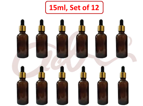 Amber Glass Dropper Bottle - 15ml, Golden Black Cap (Pack of 12)