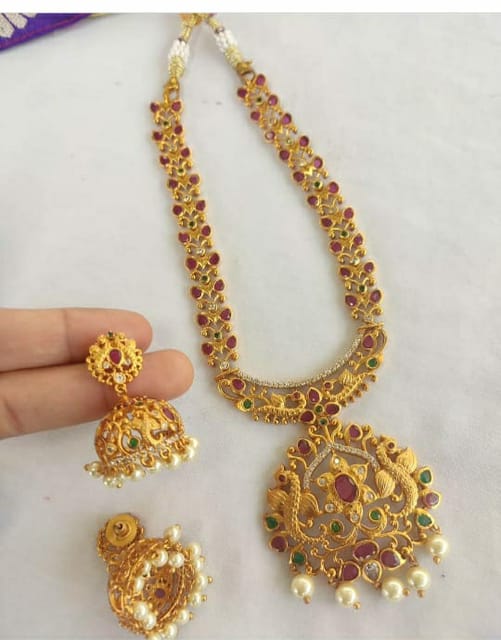 Cz necklace with jhumka gold