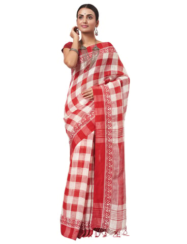Linen-cotton Saree in Red & White