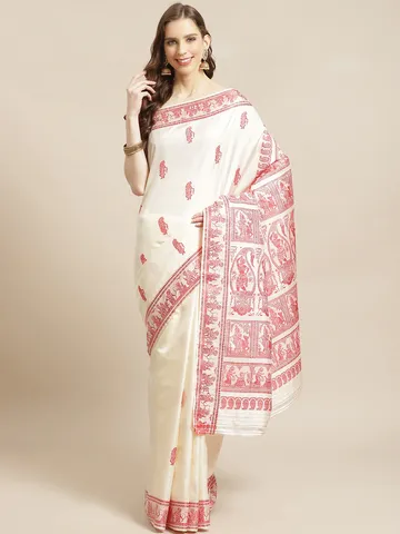 Handwoven Baluchari Silk Saree - White-Red