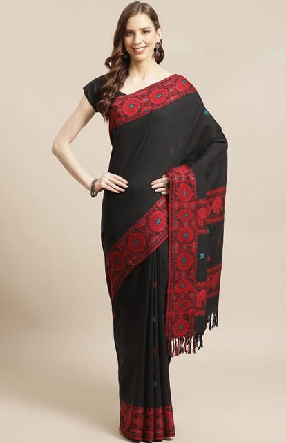 Handwoven Dokhna Cotton Saree in Black & Red