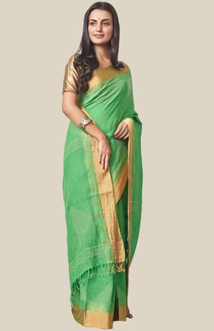 Handwoven Linen Nettle Jacquard Saree with Zari work - Green
