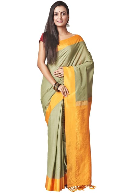 Cotton-Silk Cutshuttle Saree in Pastel Green and Yellow
