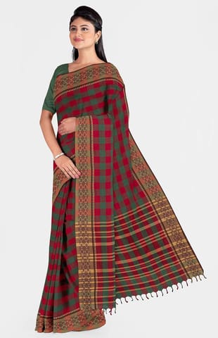 Dhaniakhali Cotton Saree in red green check
