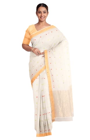 Handloom Cotton Silk Saree with Tassel -  Cream