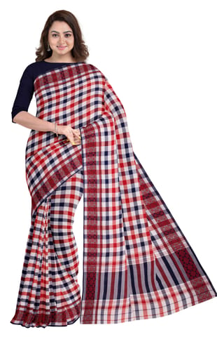 Handwoven Dhaniakhali Checkered Cotton Saree with Tassel