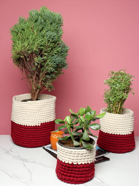 White & Wine red crochet plant pot holder from Habere India/ Designer indoor plant pots which is multi-functional/ stylish crochet indoor planters online