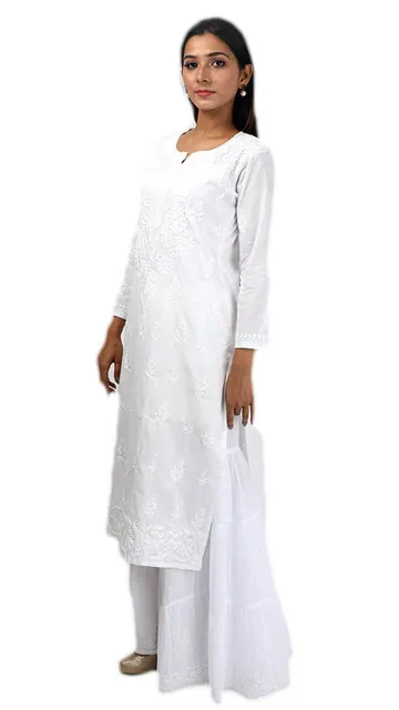Rohia by Chhangamal Women's Hand Embroidered White Cotton Chikan Kurti