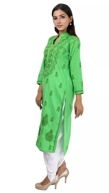 Rohia by Chhangamal Women's Hand Embroidered Green Cotton Chikan Kurti