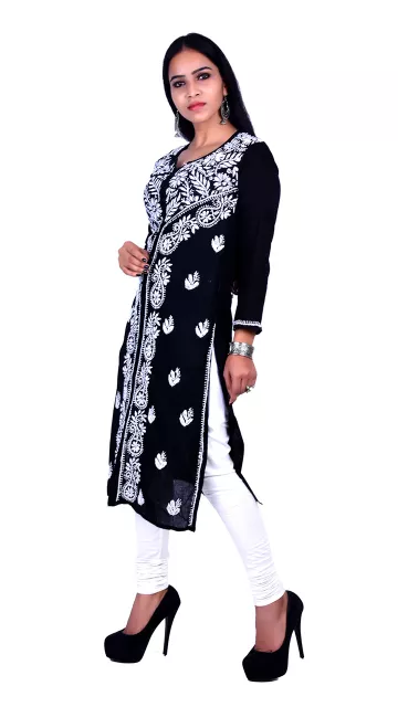 Rohia by Chhangamal Hand Embroidered Black Cotton Chikan Kurti