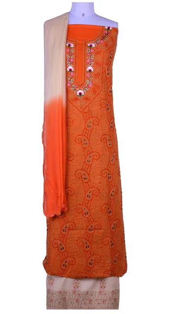Rohia by Chhangamal Hand Embroidered Unstiched Cotton Orange Chikan Suit Length(Kurta 2.5 M, Bottom 2 M, Dupatta 2.15 M)