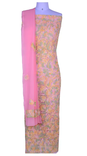 Rohia by Chhangamal Hand Embroidered Unstiched Georgette Multi Peach Chikan Suit Length(Kurta 2.5 M, Bottom 2 M, Dupatta 2.15 M)