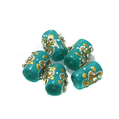 5 Pcs Handpainted Kundan Work Tube Beads Turquoise 16x10mm