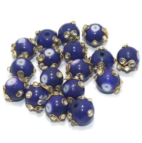 Glass Kundan Beads Round 12mm Blue