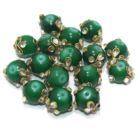 Glass Kundan Beads Round 12mm Green