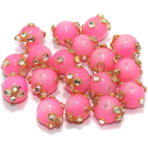 Glass Kundan Beads Round 12mm Pink