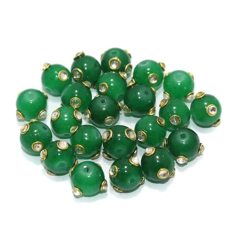 Glass Kundan Beads Round 10mm Green