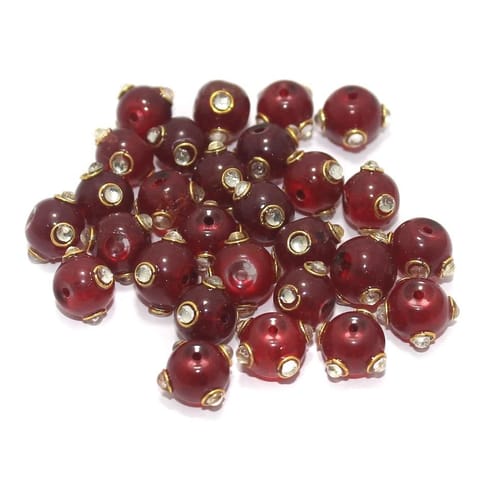 Glass Kundan Beads Round 10mm Red