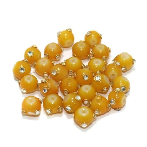 Glass Kundan Beads Round 10mm Yellow