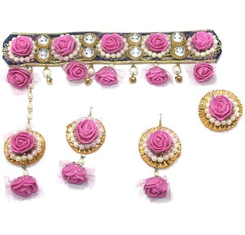 Gotta Patti Necklace Set with Mangtikka, Earrings and Ring Pink