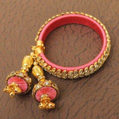 Designer Kundan Silk thread Adjustable Bracelet With Latkan Pink