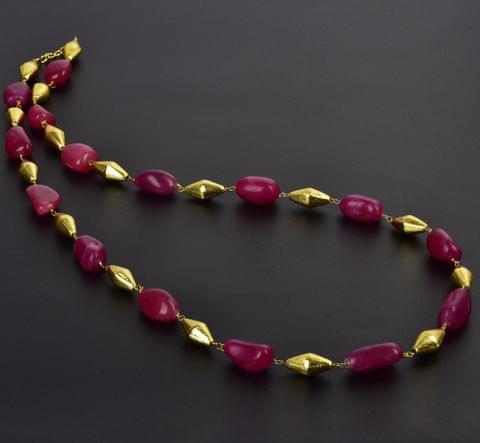 Pink Tumble Onyx and Golden Dolki Long Necklace