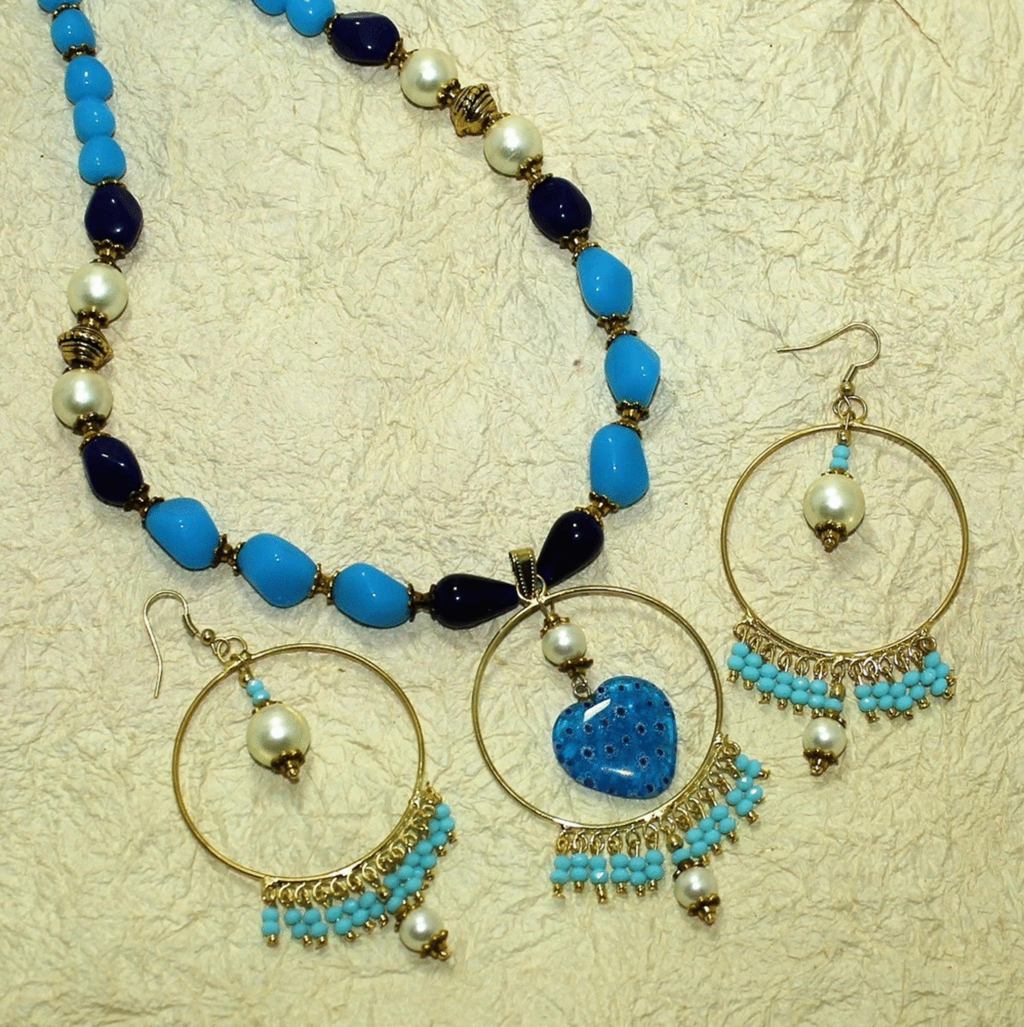 Beaded Necklace With Milifiori Pendant Set Blue