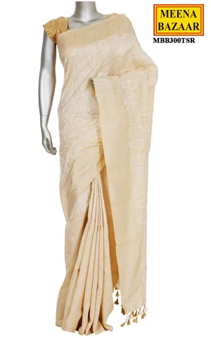 Parchment White Linen Cotton Saree with Thread Embroidery