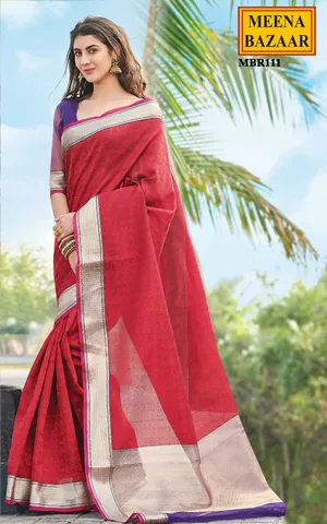 Cherry Red Pure Cotton Woven Saree with Resham Pattern all over