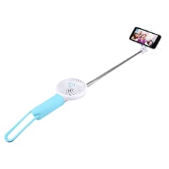 2 in 1 Portable USB Cooling Fan Blower with Three Adjustable Wind Speed + Wire Controlled Monopod Folding Extendable Handheld Pocket Holder Selfie Stick with Silicone Hand Strap, Folded Length: 22cm, Max Extension Length: 60cm(Blue)