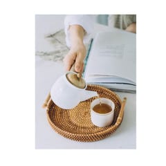 Handwoven Round Rattan Serving Tray with Handles Bread Basket