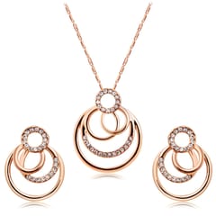 Women Classic Style Overlapped Circle 18K Gold Plated Earrings + Necklace Kits (Rose Gold)