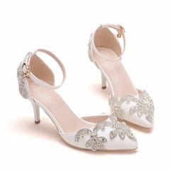 Rhinestone Stiletto Pointed Heel Women Shoes (White)