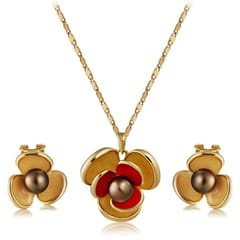 Female Small Fresh Sweet Flower Paint Necklace and Earrings Set (Gold)
