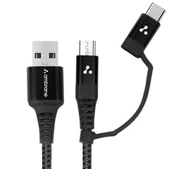 Ambrane ABDC-10 2 in 1 Type-C & Micro USB Cable with 3A Fast Charging, 480 mbps High Data Transmission Speed, Compatible with All Type-C & MIcro USB Devices (Black/Grey)
