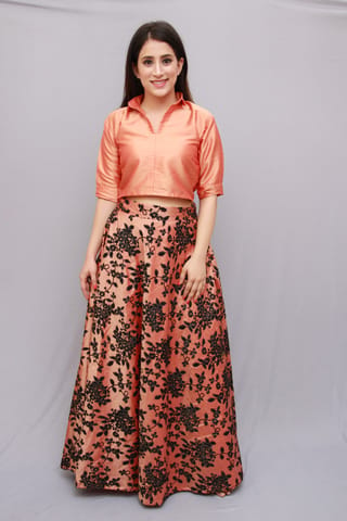 Embroidered Orange Festive Skirt and Top Set