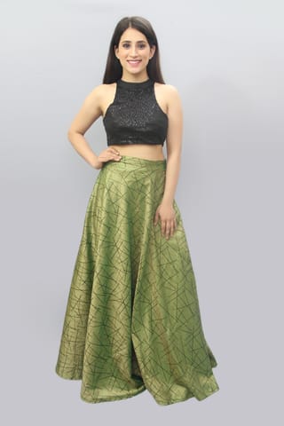 Green Silk and Sequin Skirt Crop Top Set
