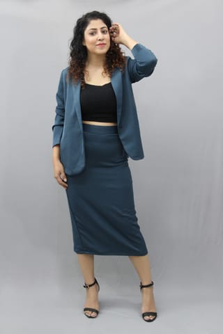 Solid Teal Blue Midi Skirt and Blazer Co-ords