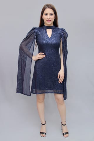 Navy Blue Cape Sleeves Sequin Dress