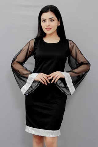 Solid Black Dress With Flared Sleeves