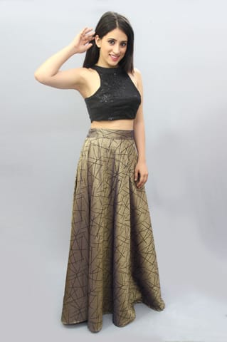 Brown Silk and Sequin Skirt Crop Top Set